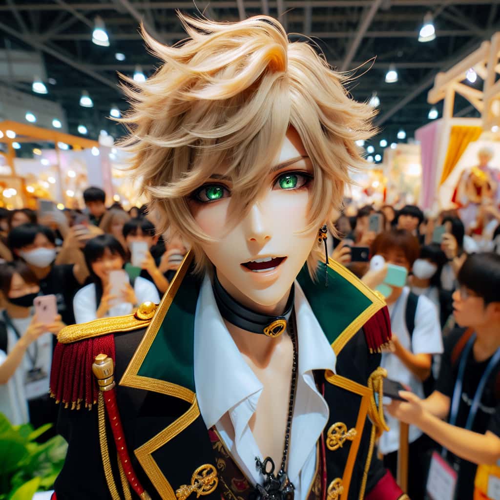 imagine in anime seraph of the end like look showing an anime boy with messy blond hair and green eyes working in costume walk act for trade fairs